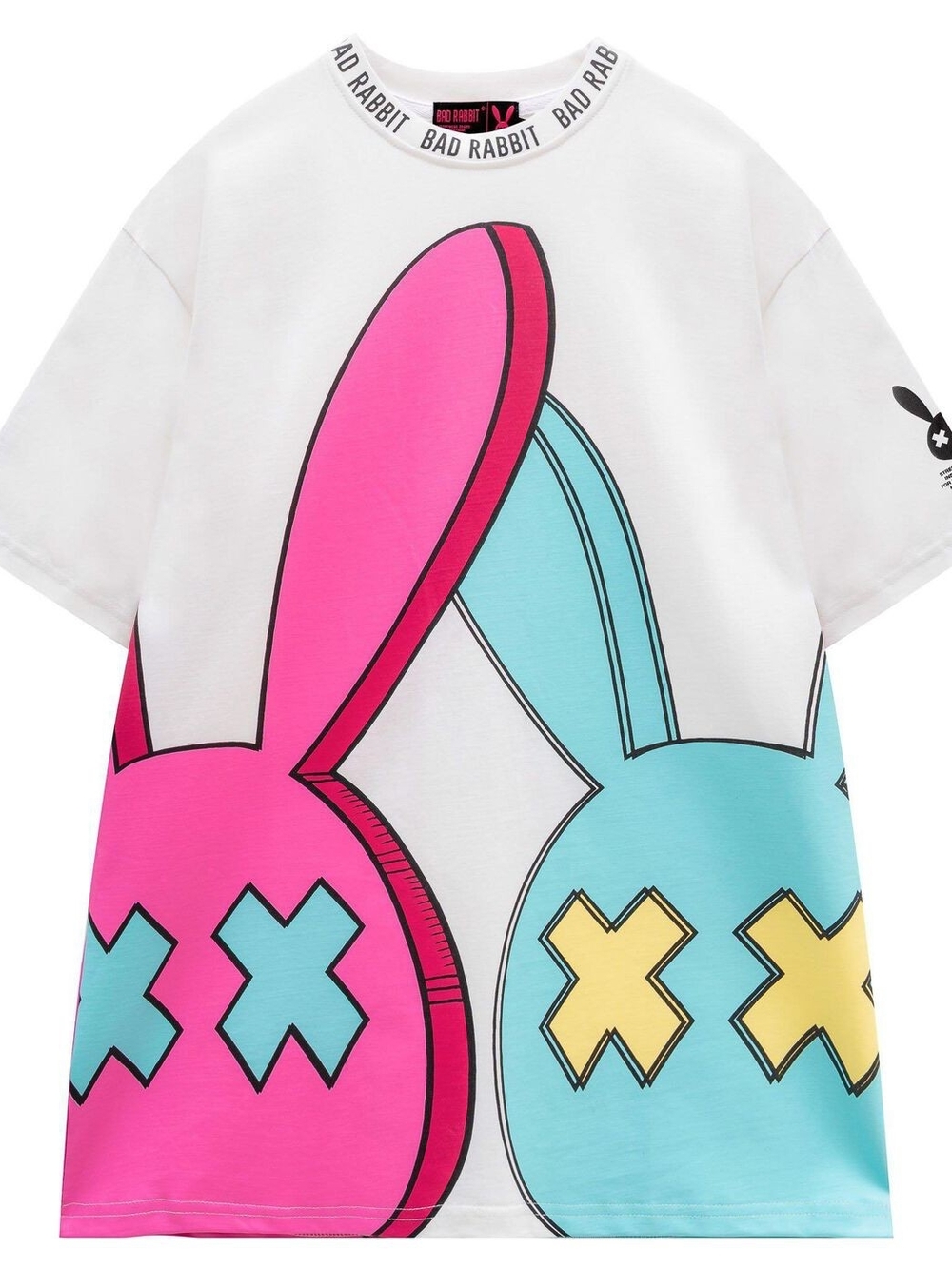 White Short Sleeve Graphic Tee — Pink & Blue Bunny Print Size M